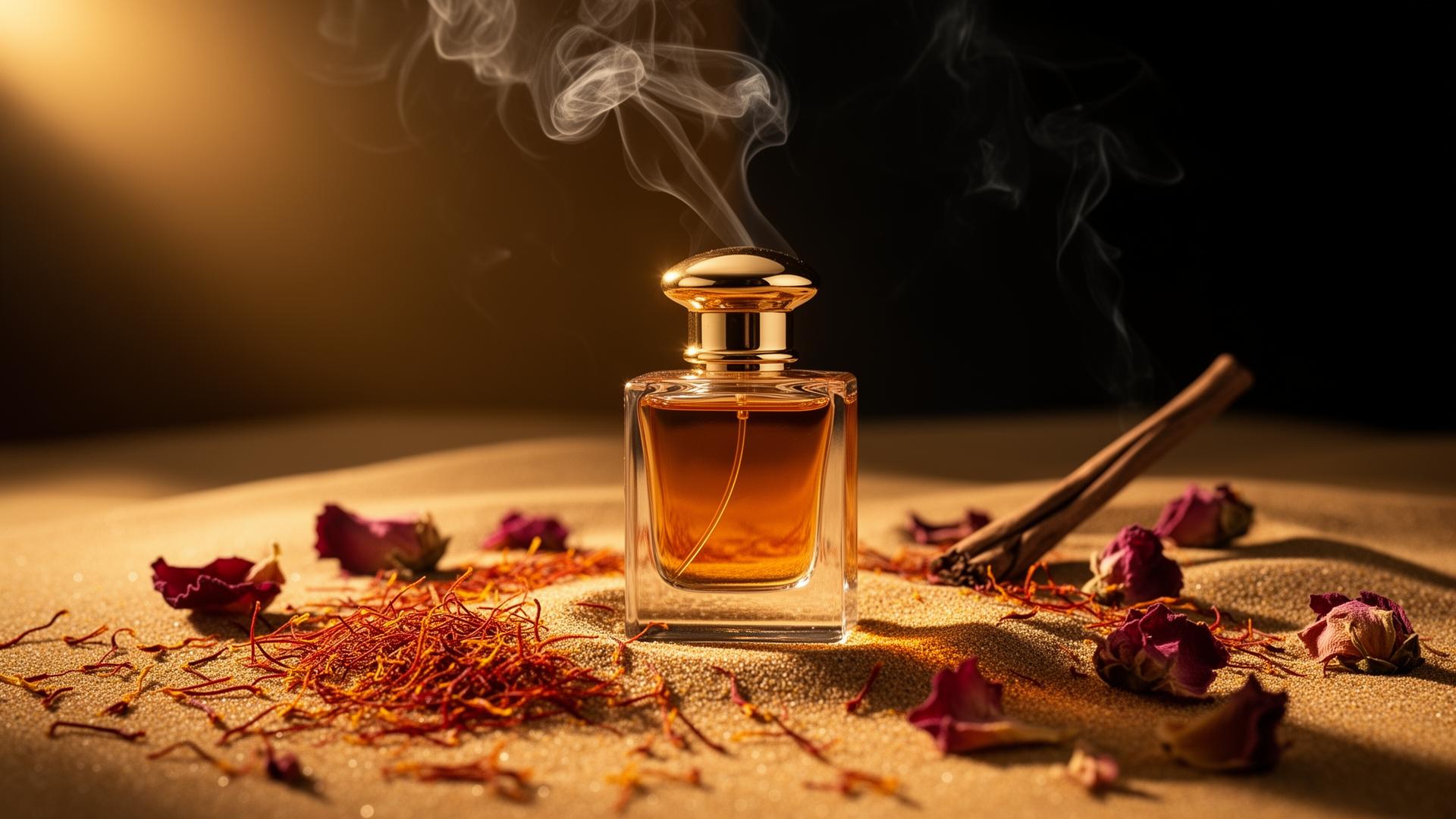 ZERRÄH luxury fragrance — amber glass on warm sand with saffron and rose